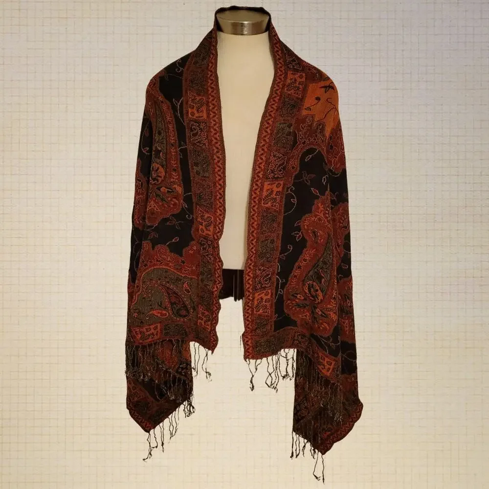 Boho Paisley Pashmina Scarf Red Black Orange Tassels One Size Woven Shawl Wraps